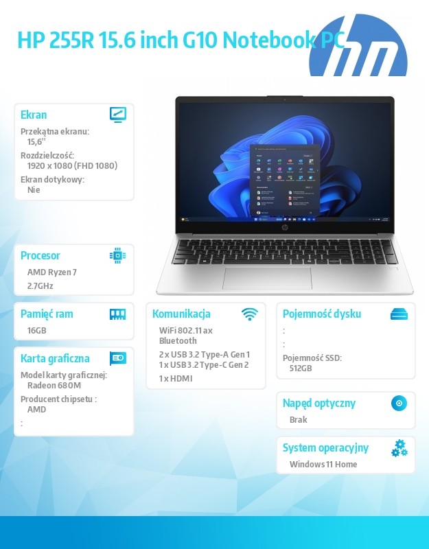 Laptop HP 255 G10 AMD R7-7735U 16GB 512GB SSD 15,6" FHD 1920x1080 Windows 11 - obrazek 5