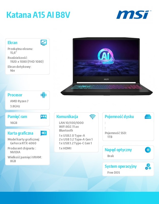 Laptop MSI Katana A15 R7-8845HS 16GB 1TB SSD RTX 4060 8GB 15,6" FHD 144Hz Windows 11 - obrazek 6